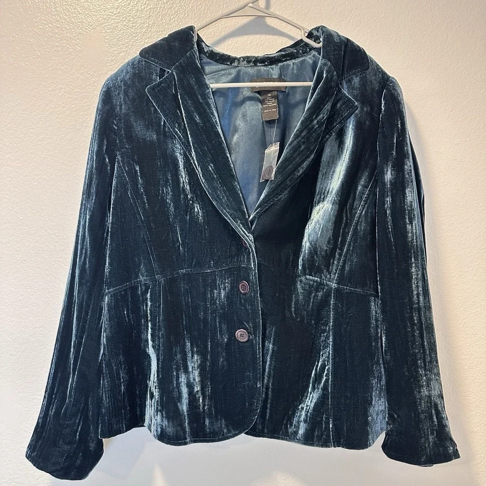 Lane Bryant Size-18 Womens Velvet Blazer Teal Blue Jacket Button Front